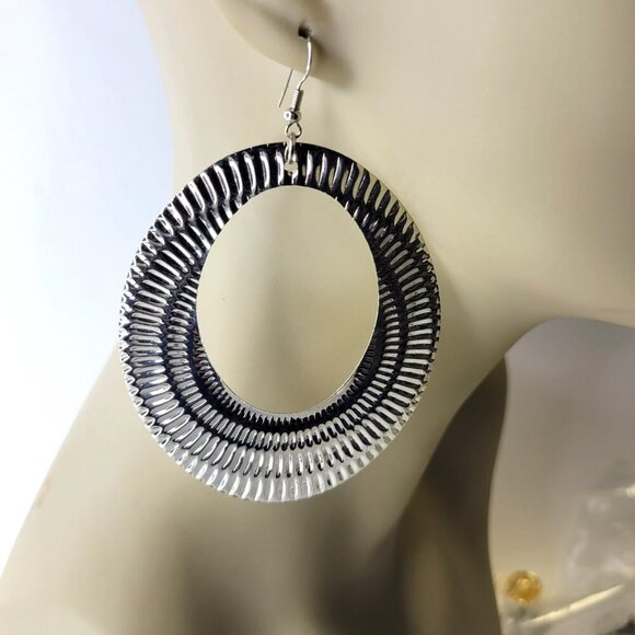 Large Hoop Earrings Silvertone Large Earrings - Picture 2 of 5